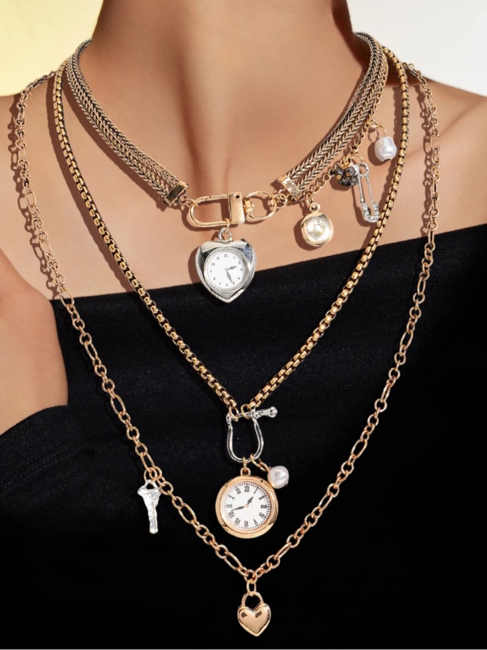 Gold Plated Stainless Steel Multi Layer Watch Charm Necklace Waterproof Jewelry